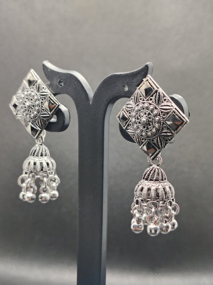 Geometric Oxidized Silver Square Jhumka Earrings – Under 60₹