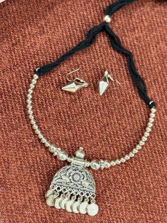 Oxidised Silver Coin Pendant Necklace Set – 90% OFF | Buy at ₹199