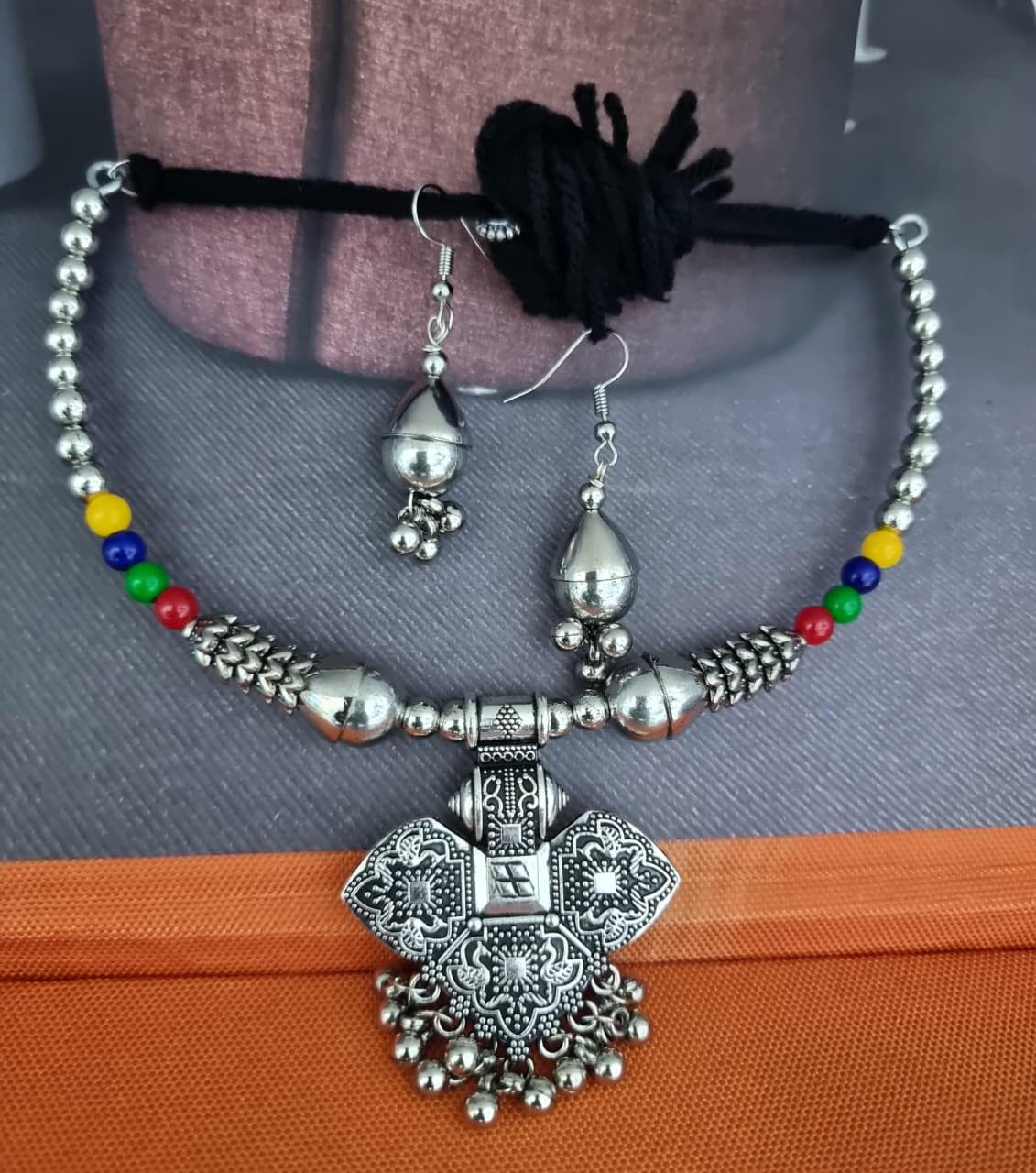 Oxidised Multicolor Bead Geometric Pendant Necklace Set – 90% OFF | Buy at ₹199
