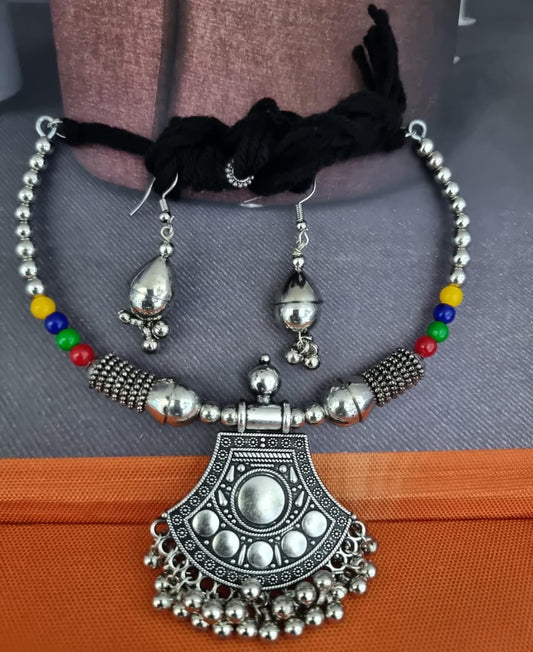 Oxidised Multicolor Bead Semi-Arch Pendant Necklace Set – 90% OFF | Buy at ₹199