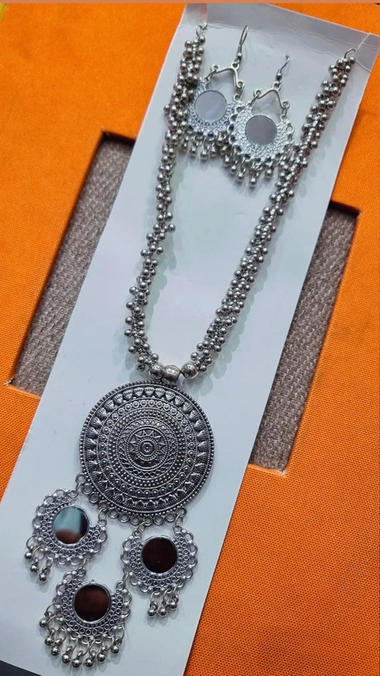 Oxidised Big Round Pendant Necklace with Mirror Earrings – 90% OFF | Buy at ₹199