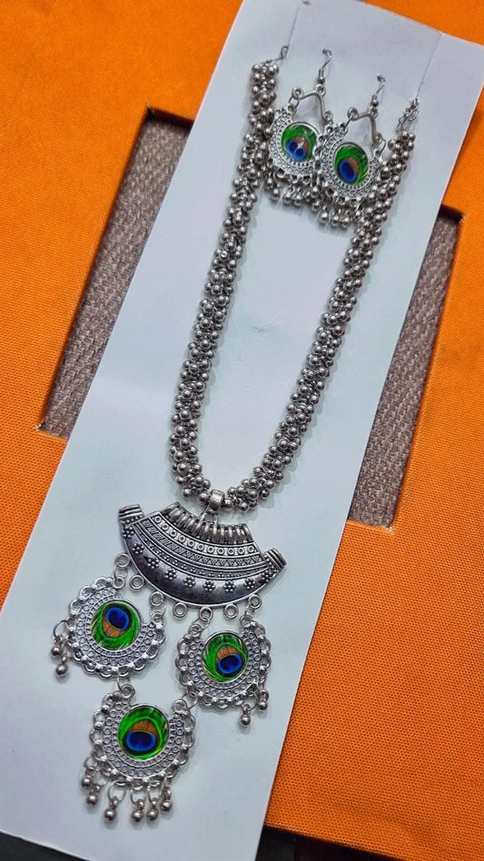 Oxidised Peacock Feather Pendant Necklace Set – 90% OFF | Buy at ₹199