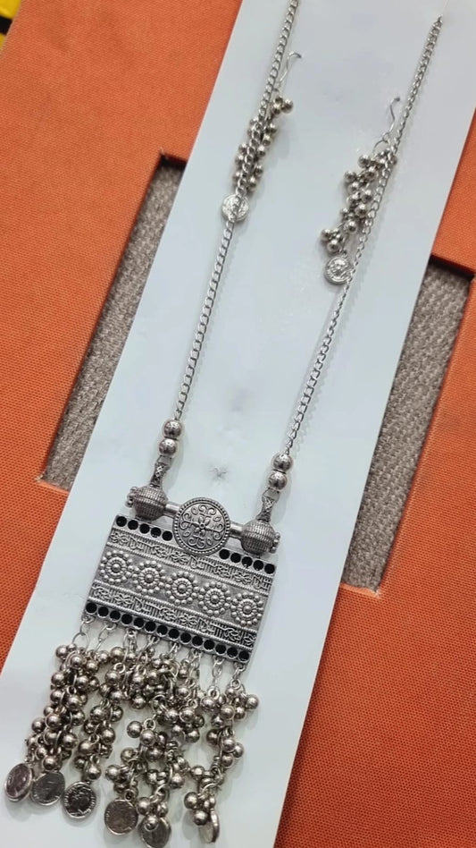 Oxidised Silver Long Rectangular Pendant Necklace Set – 90% OFF | Buy at ₹199