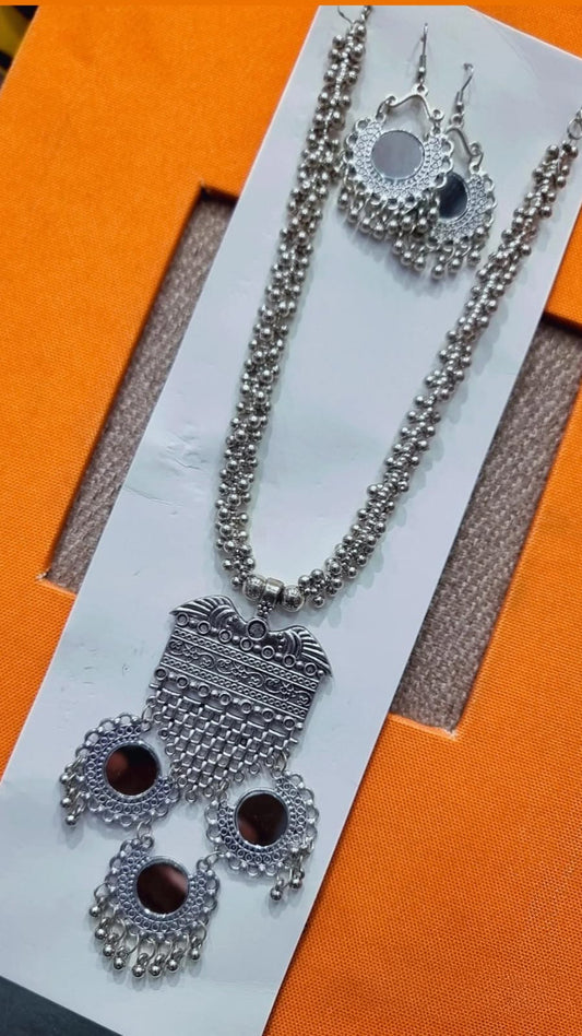 Oxidised Rectangular Pendant Long Mirror Necklace Set – 90% OFF | Buy at ₹199