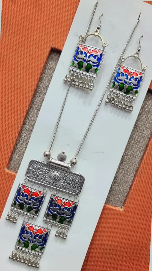 Oxidised Multicolor Enamel Pendant Necklace Set – 90% OFF | Buy at ₹199