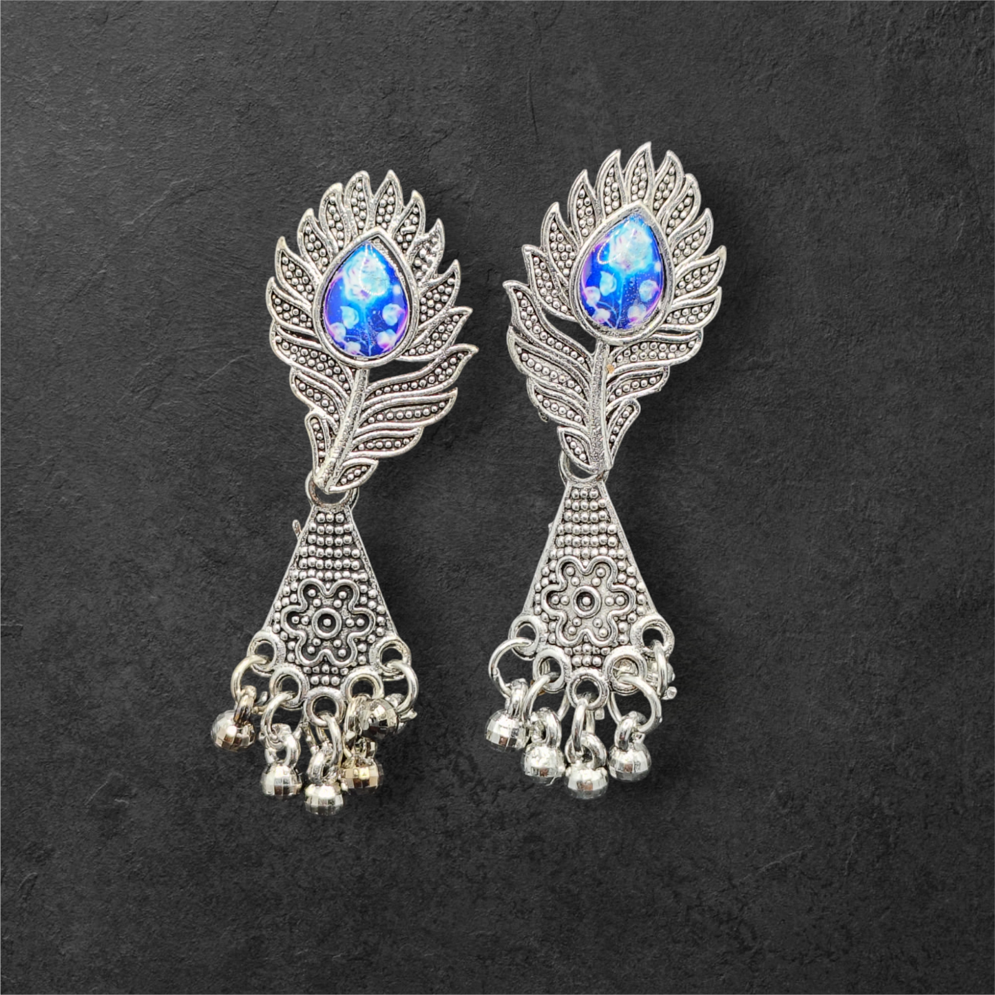 Blue Stone Oxidised Peacock Leaf Earrings – Under 60₹