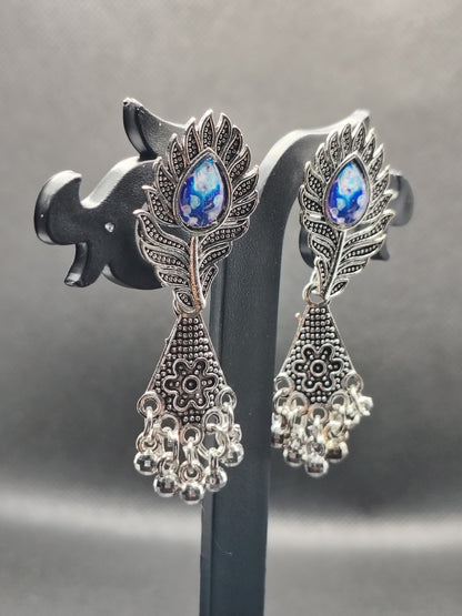 Blue Stone Oxidised Peacock Leaf Earrings – Under 60₹