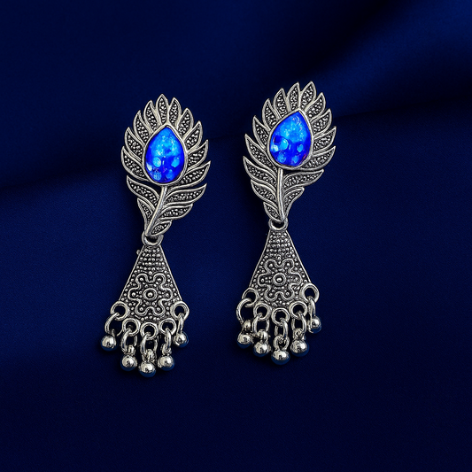 Blue Stone Oxidised Peacock Leaf Earrings – Under 60₹