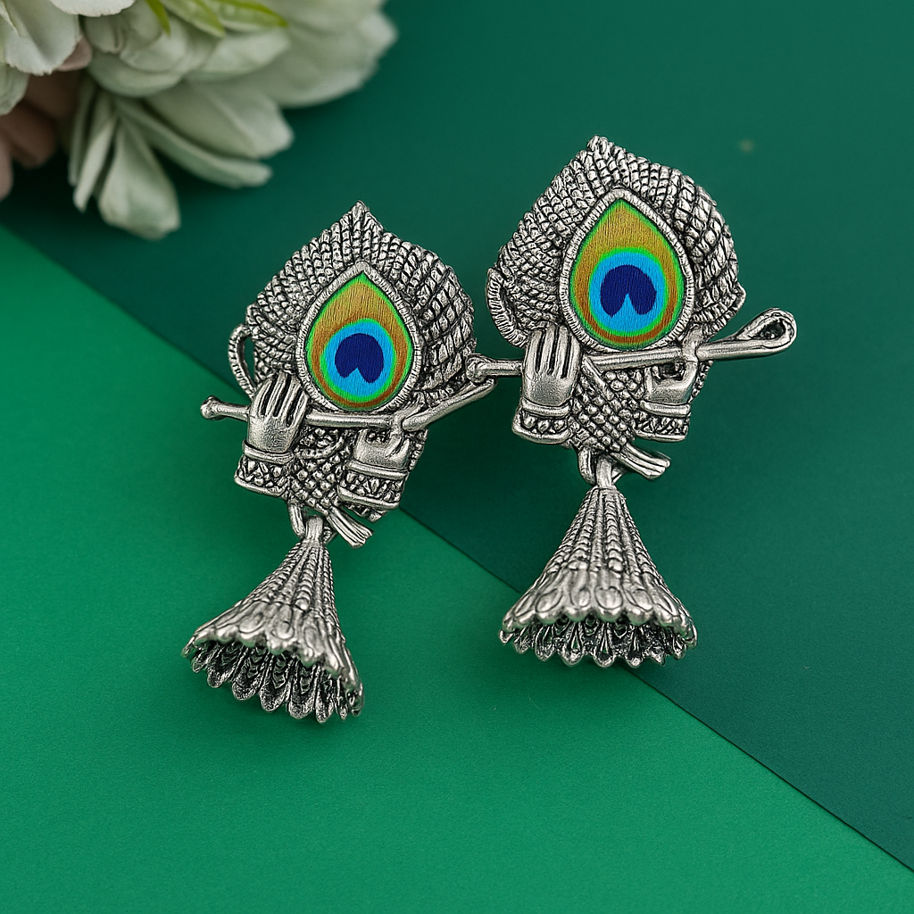 Oxidised Krishna Flute Earrings with Peacock Feather – Under 60₹