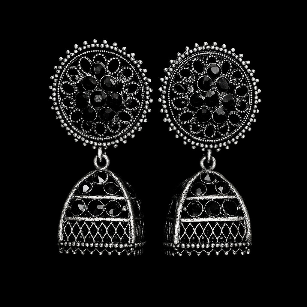 Oxidised Black Stone Jhumka Earrings – Bold & Ethnic - Under ₹60
