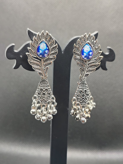 Blue Stone Oxidised Peacock Leaf Earrings – Under 60₹