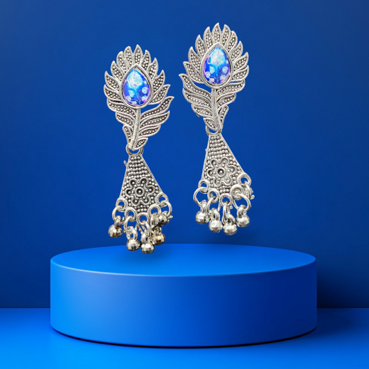 Blue Stone Oxidised Peacock Leaf Earrings – Under 60₹
