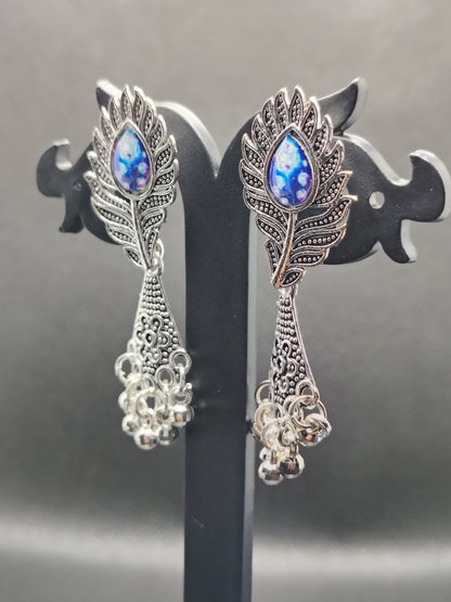 Blue Stone Oxidised Peacock Leaf Earrings – Under 60₹