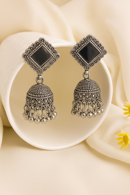 Mirror Shine Oxidised Jhumka Earrings - Under ₹60